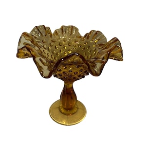 Vintage Fenton Amber Glass Hobnail Pedestal Candy Dish With Ruffled Edge