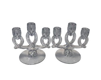 Vintage Heisey Lariat Crystal Clear Glass Triple Candle Holders Pair