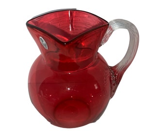 Vintage Fenton Cranberry glazen kan met helder glazen handvat