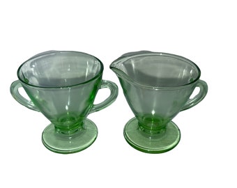 Vintage Green Depression Glass Footed Sugar and Creamer