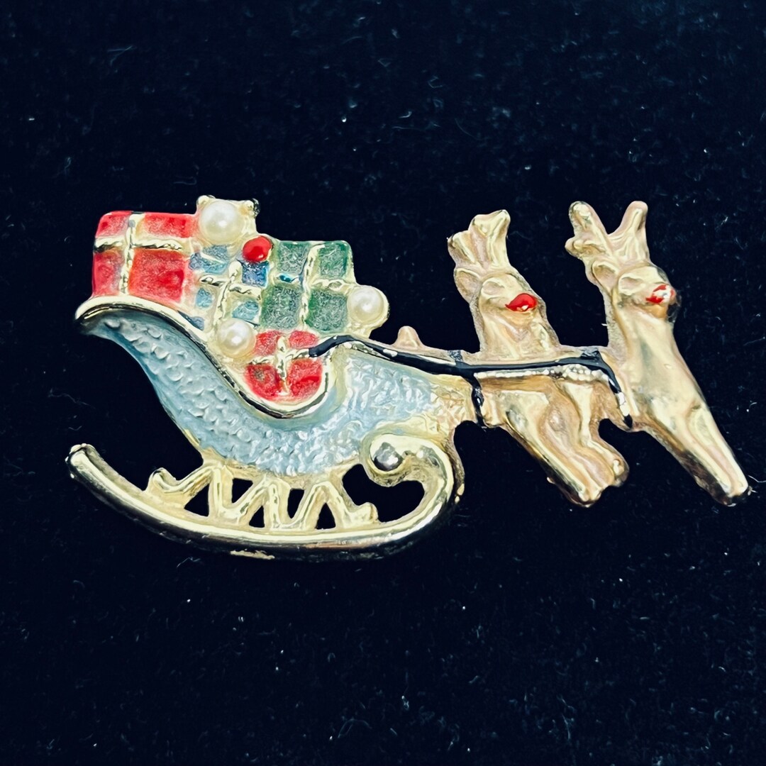 Beatrix Gold Tone, Enamel and Faux Pearl Christmas Sleigh Brooch - Etsy