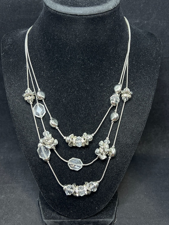 Chico's Triple Strand Silver Tone And Clear Beaded