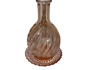 Vintage Pink Ribbed Swirl Glass Bedside Carafe With Saucer
