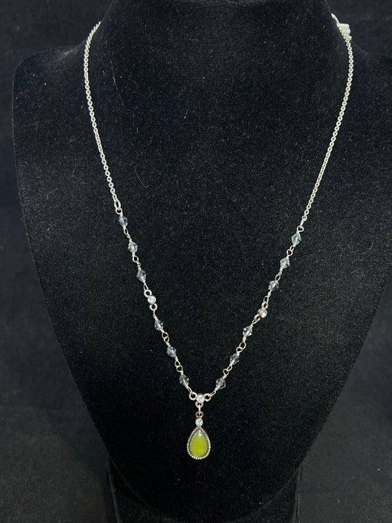 1928 Silver Tone Cable Chain Necklace With Green T