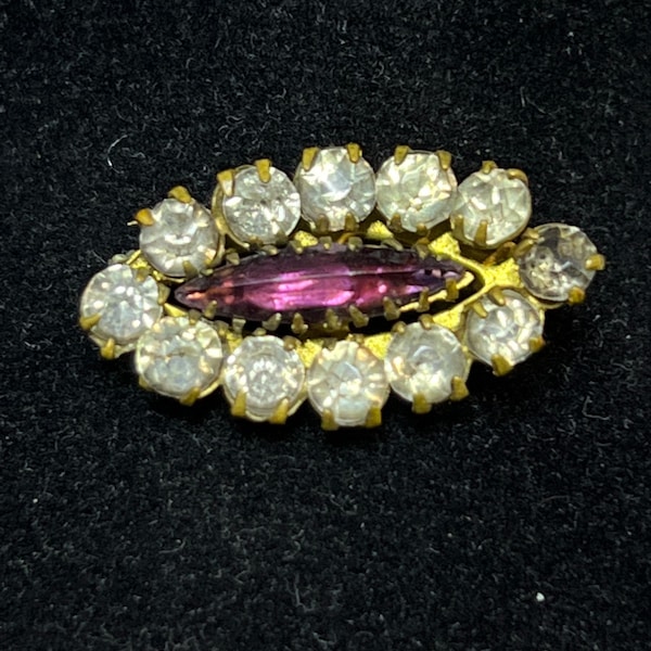 Gold Tone Clear Rhinestone & Pink Navette Brooch W/C Clasp (4011)