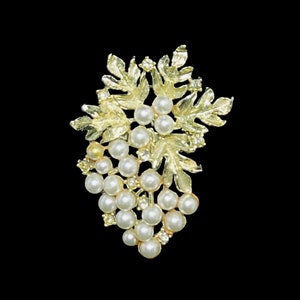 Gold Tone And Faux Pearl Grape & Leaf Brooch