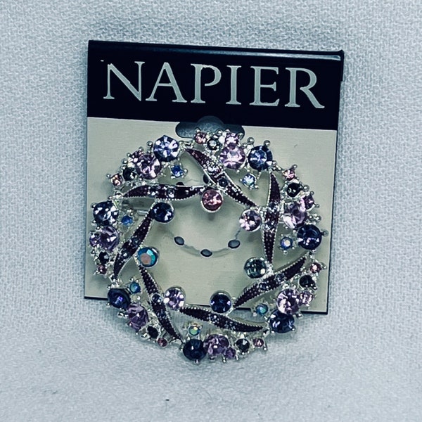 Napier Silver Tone With Purple And Pink Rhinestones Brooch