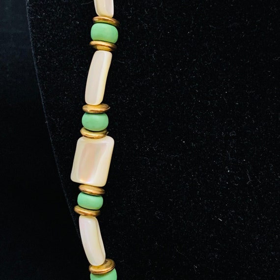 Vintage Gold Tone MOP & Green Bead Necklace Signe… - image 8