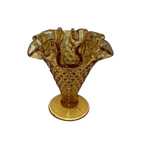 Vintage Fenton Amber Hobnail Glass Vase Ruffled Edge