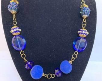 New 19” Gold Tone Necklace with Chunky Cobalt Blue Crystal Beads