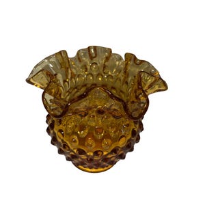 Vintage Fenton Hobnail Ruffled Edge Amber Glass Vase Antique Home Decor 5&quot; Tall