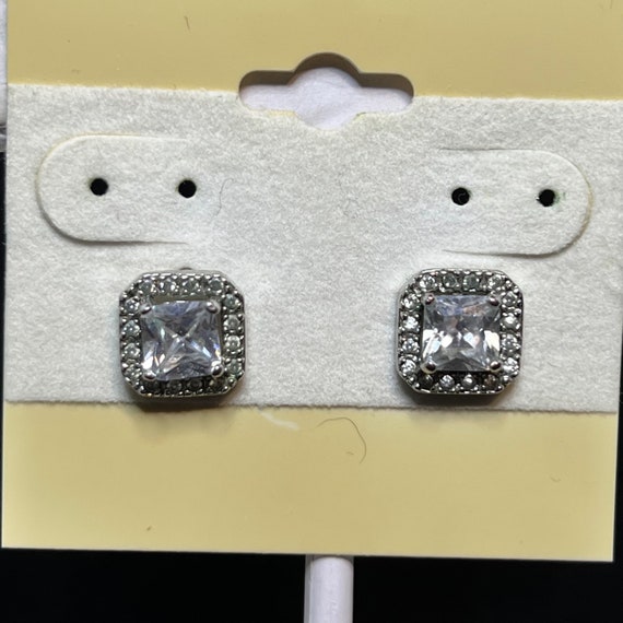 Square Silver Tone CZ Pierced Earrings Signed IBB… - image 1