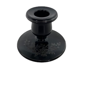 Vintage Black Amethyst Glass Candle Holder w/Painted Silver Flowers on the Base
