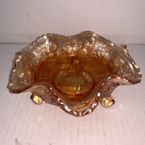 Antique Fenton Marigold Panther, Butterfly & Berry 3 Claw Footed Bowl