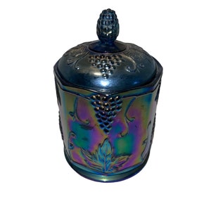 Vintage Indiana Glass Blue Carnival Glass Candy Jar w/ Lid Grape Pattern
