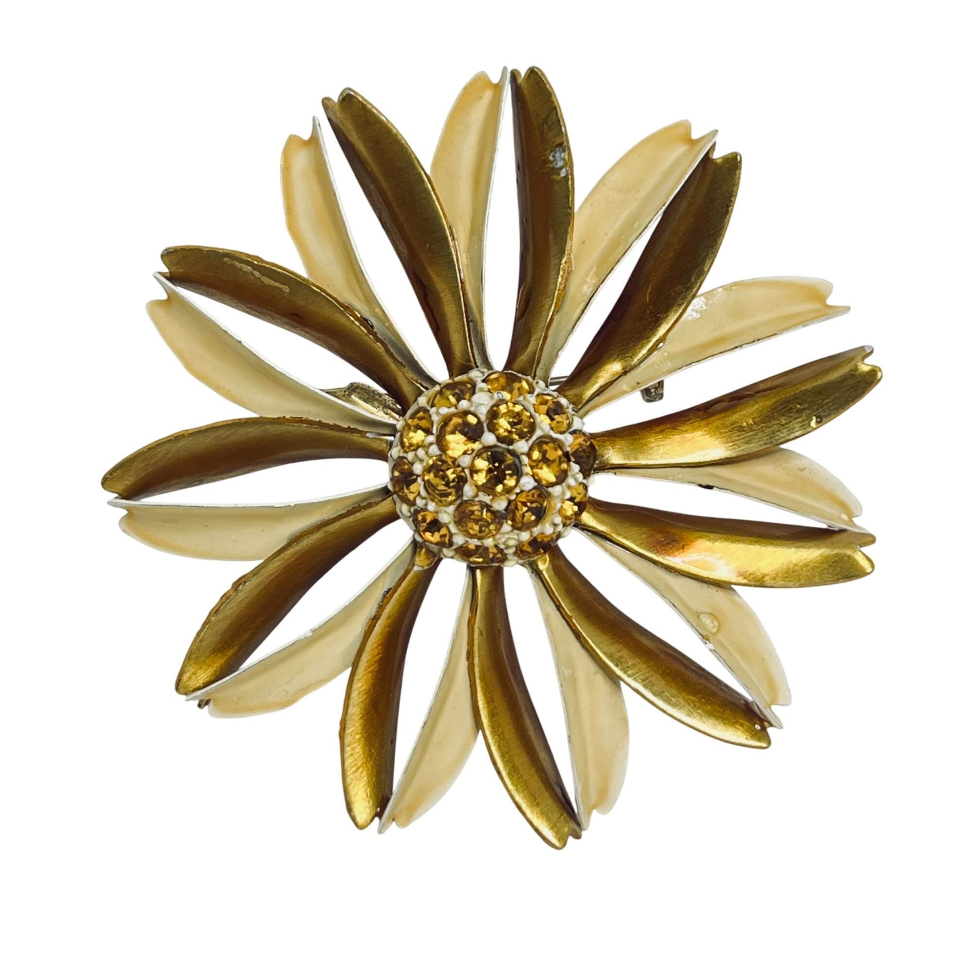 ピアス　No.5733 Vintage Gold Tone & Yellow Enamel Flower Brooch W/ Yellow