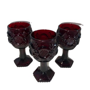 Vintage Set of 3 Avon Cape Cod Ruby Red Glass Wine Glasses