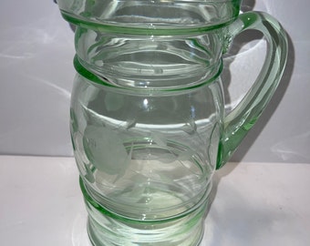 Vintage Bucci Glass Uranium Glass Etched Floral Lemonade Pitcher 9 1/2"