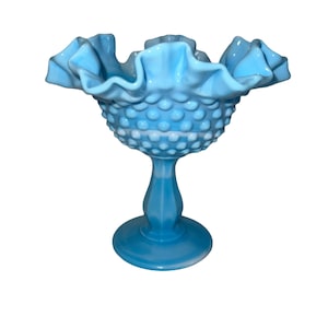 Vintage Fenton Blue & White Slag Glass Hobnail Pedestal Compote w/Ruffled Edge