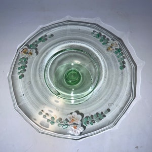 Vintage Handbemalt Floral Grün Glas Kuchenständer 10 1/4 Bild 5