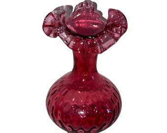 Vintage Fenton Cranberry Dot Optic Ruby Overlay Crimped & Ruffled Vase