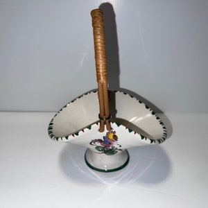 Vintage Ulmer Keramik Hand Painted Floral Basket w/Reed Handle Germany