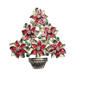 Gold Tone With Red Enamel And Green Rhinestones Poinsettia Brooch (5591)