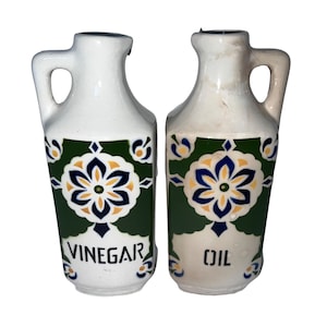 Vintage Ceramic Floral Vinegar and Oil Cruet Set Czechoslovakia