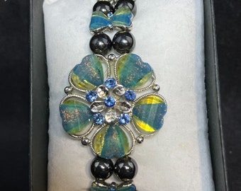 Silver Tone And Aqua Floral Magnetic Therapy Stretch Bracelet (4024)