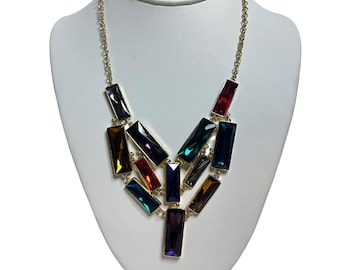 Gold Tone And Multicolored Rectangle Crystal Bib Necklace (6378)
