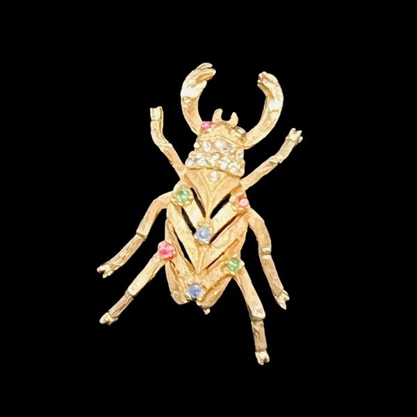 Broche de insectos Beatle con joyas en tono dorado BSK vintage (5164)