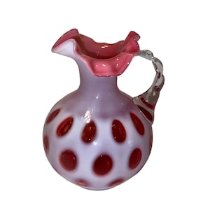 Vintage Fenton Cranberry Coin Dot Glass Pitcher w/Crimped Handle