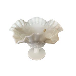 Vintage Westmoreland Milk Glass Footed Double Crimped Paneled Grape Bowl 6 1/4”