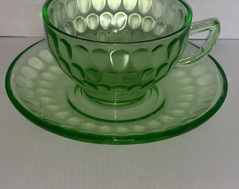 vintage Federal RAINDROPS Green Depression Glass CUP Et SOUCOUPE