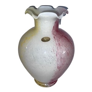 Vintage Murano Glassware Crystal Clear Red, White & Yellow Vase w/ Ruffled Edge
