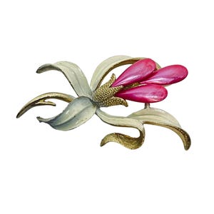 Vintage Mamselle Gold Tone White Enamel & Pink Bead Orchid Brooch (5743)