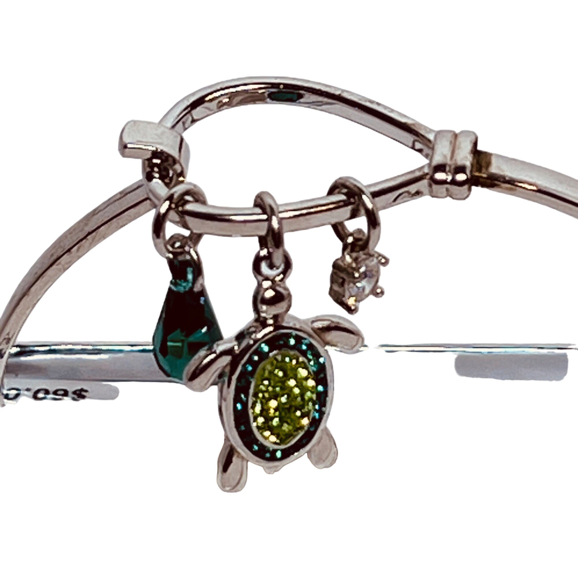 Sterling Silver Green Turtle Charm Bracelet Signed SU CZ CH