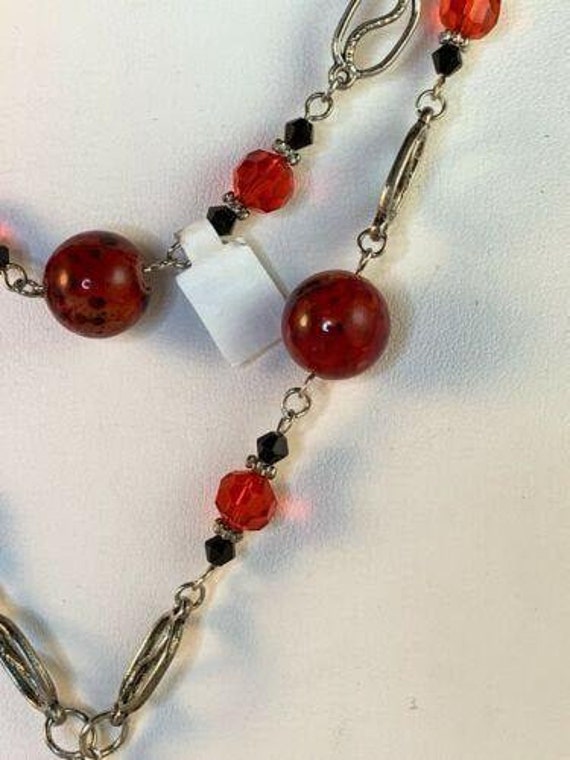 Silver Tone Necklace With Orange And Black Crysta… - image 3