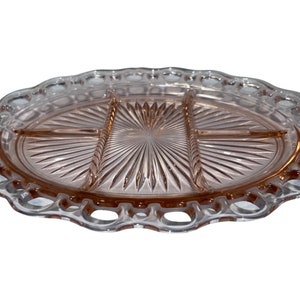 Ancre Hocking Old Colony Pink Glass Split Relish Tray w / Bord de dentelle ouvert