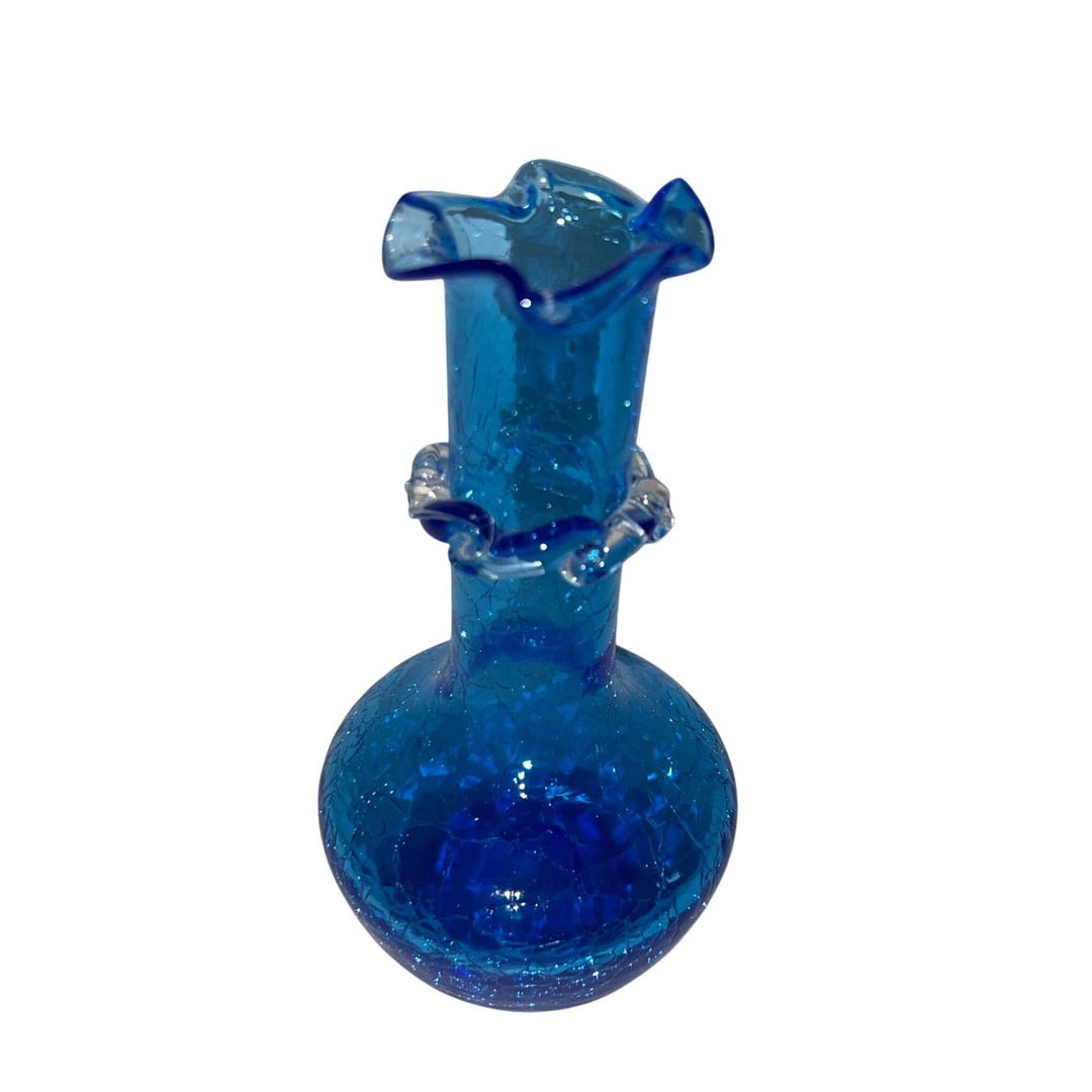 ヴィンテージ コバルトブルー クラックルガラス花瓶（フリルエッジと