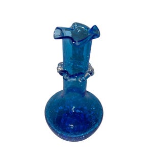 Vintage Cobalt Blue Crackle Glass Vase W/ Ruffled Edge & Decorative Neck