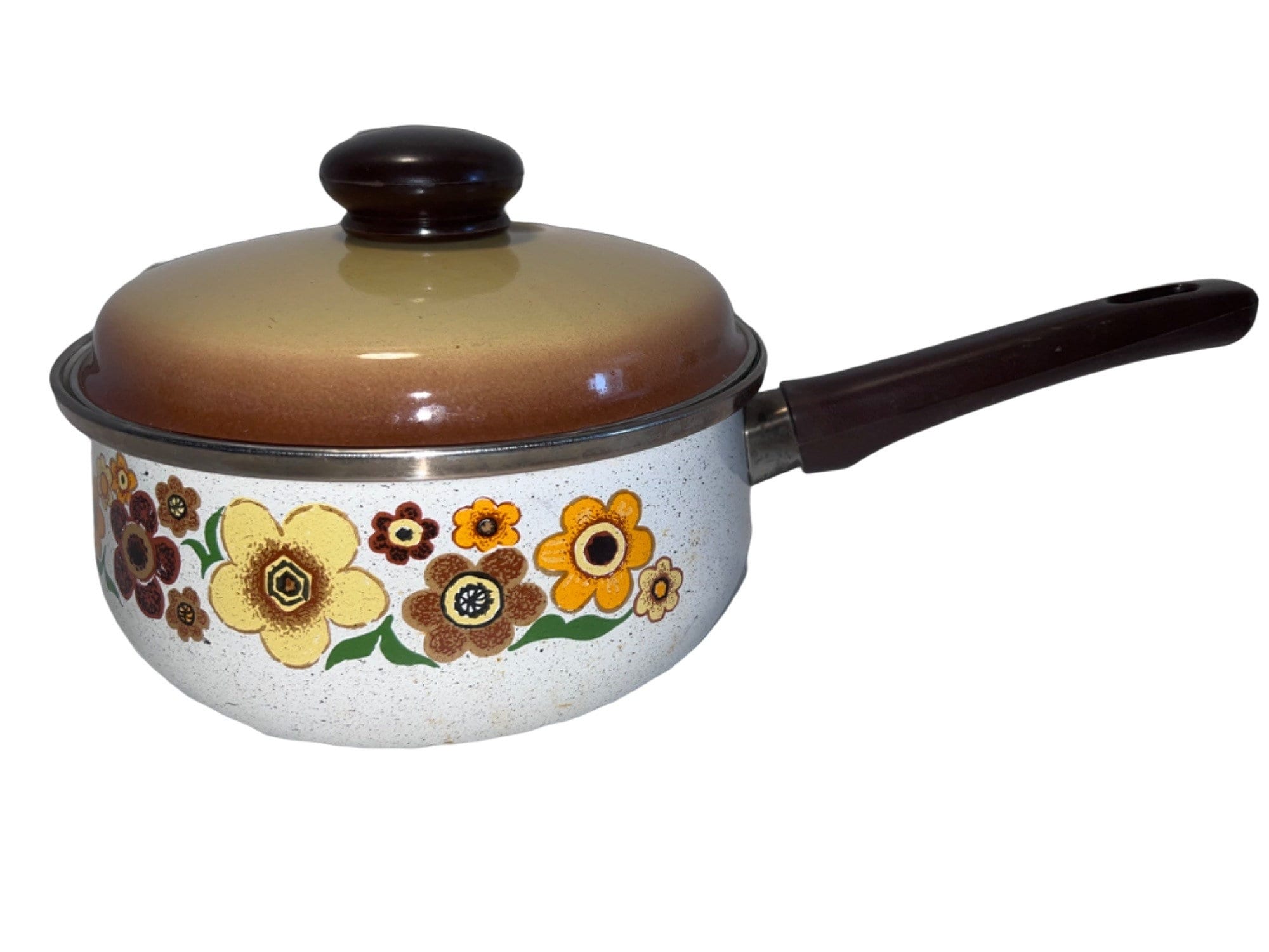 Vintage Handcrafted 8 1/2 Sauté Pan Crowning Touch Porcelain Enamel Cookware  Harvest Blossom With Lid. Made in Spain. 