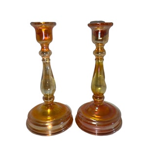 Vintage Pair of Marigold Glass Candlestick Holders