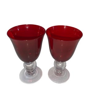 Vintage Pair of Ruby Red & Clear Glass Wine Goblets