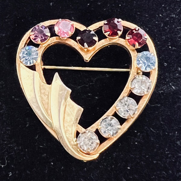 Vintage Catamore 1/20 12k Gold Filled Rhinestone Heart Brooch (5177)