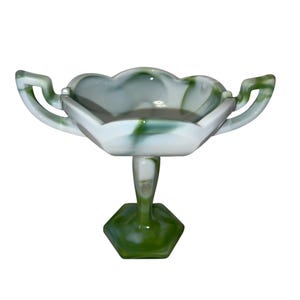 Vintage Westmoreland Green & White Swirl Slag Glass Pedestal Compote
