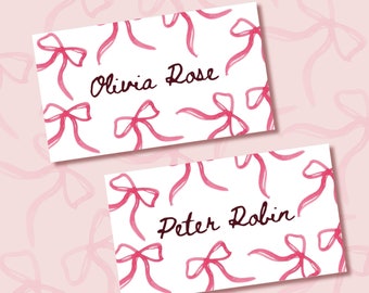 PLACE CARDS COQUETTE editable canva template | hand drawn illustrations | valentines, galentines, wedding, bow ribbon name place cards