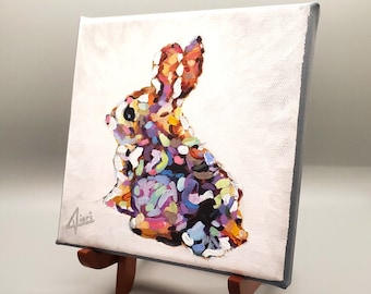 Bunny 6" ORIGINAL with Wood Stand, Handmade, Canvas, Artwork, Home Decor