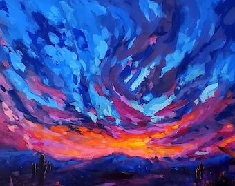 Sunset 6" ORIGINAL Painting, Handmade, Wood Panel, Artwork, Wall Decor, Home Decor, Modern Art