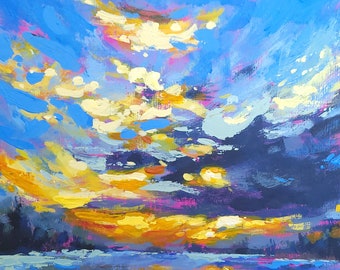Sunset 6" ORIGINAL Painting, Handmade, Wood Panel, Desert, Cloud, Sky, Artwork, Wall Decor, Home Decor, Modern Art by Chad Fiori